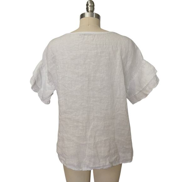Valentina Naldi White Linen Top Size S Flutter Ruffle Sleeve Embroidered Italy - Picture 5 of 7